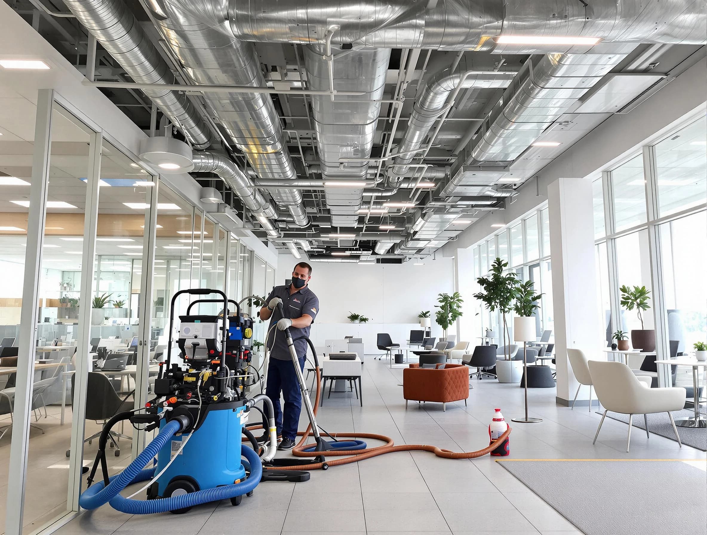 Harrah Air Duct Cleaning team conducting comprehensive commercial duct cleaning at a business location in Harrah