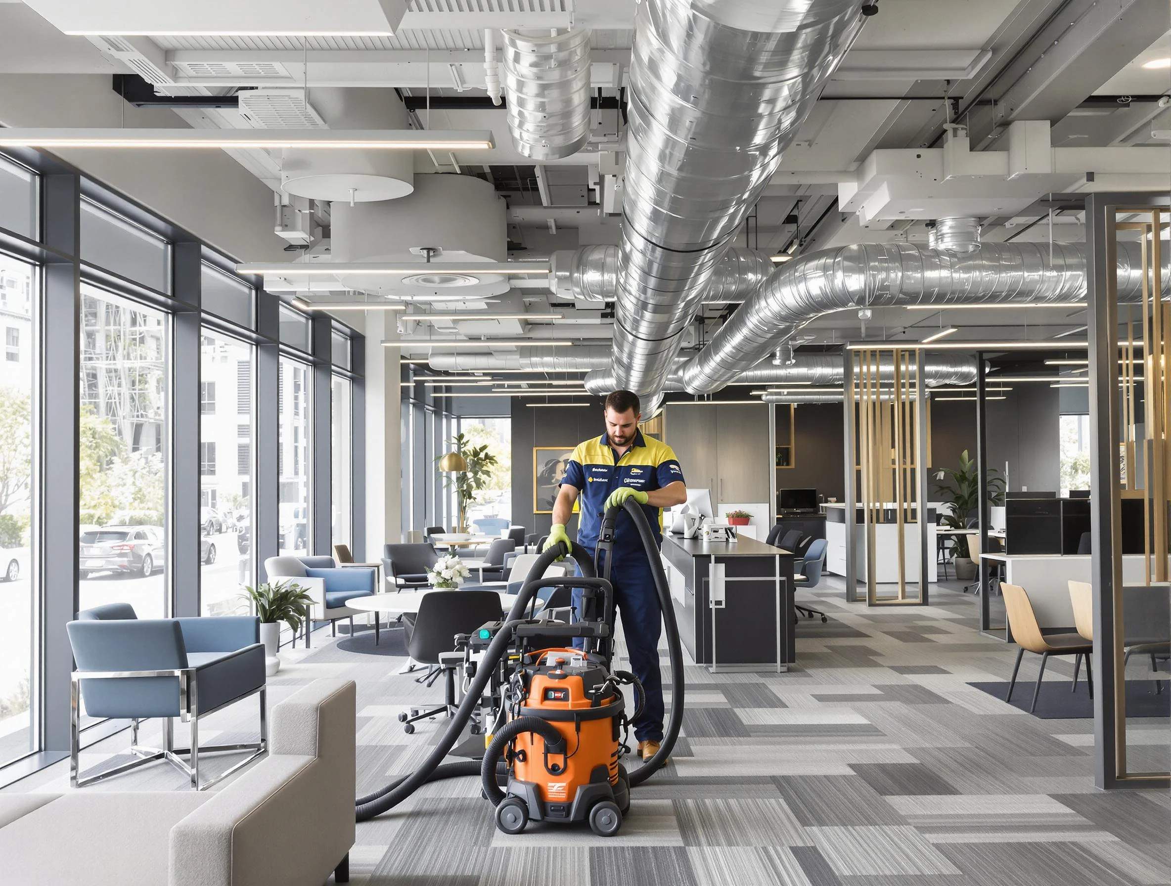 Harrah Air Duct Cleaning team performing thorough commercial duct cleaning at a Harrah business center